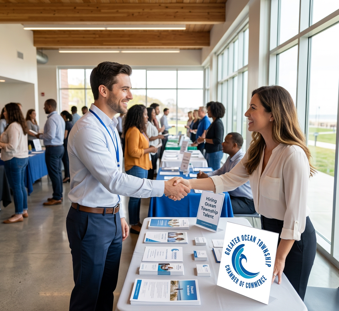 Job seeker shaking hands with an employer at a local Township of Ocean, NJ job fair table.