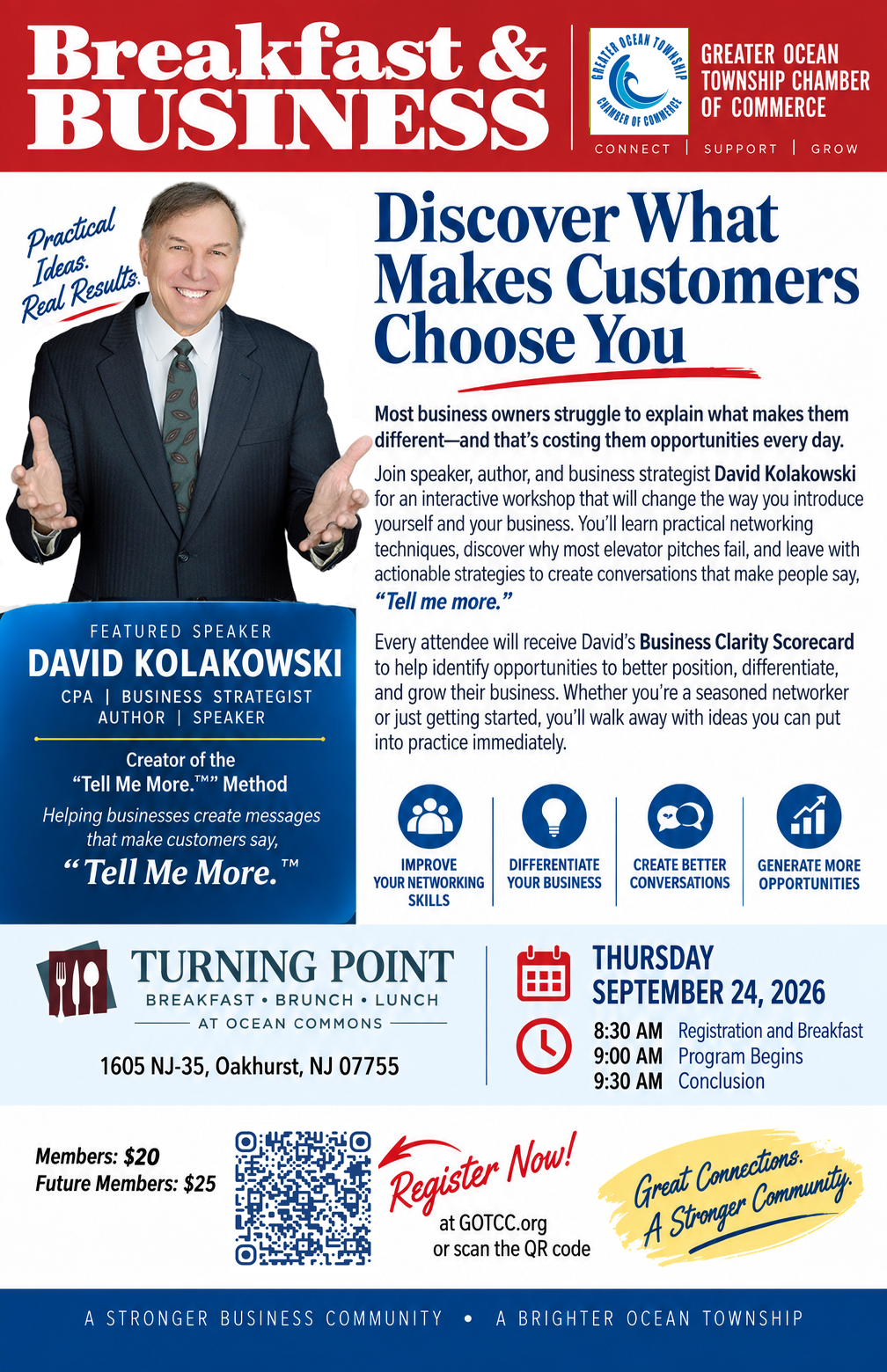 Flyer for "Breakfast & Business" hosted by the Greater Ocean Township Chamber of Commerce, featuring speaker David Kolakowski on Thursday, September 24, 2026, at Turning Point in Oakhurst, NJ.